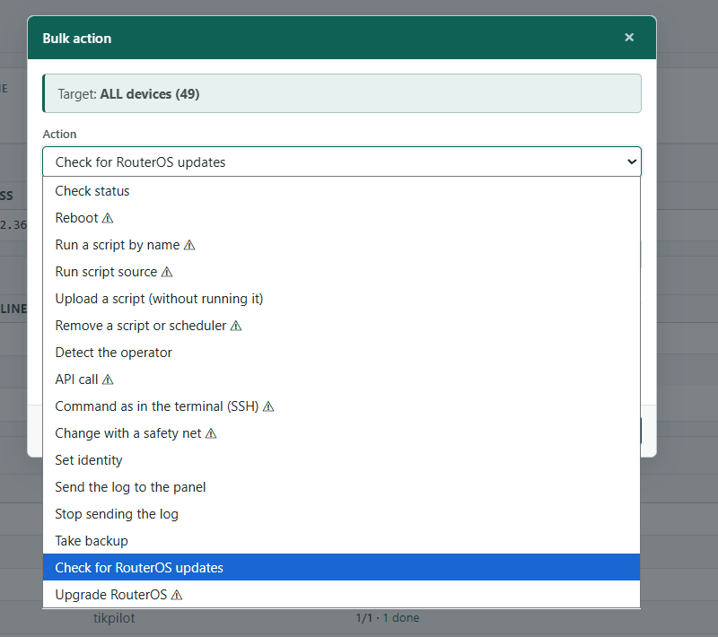 Bulk action dialog: target is all 49 devices, with the list of available actions