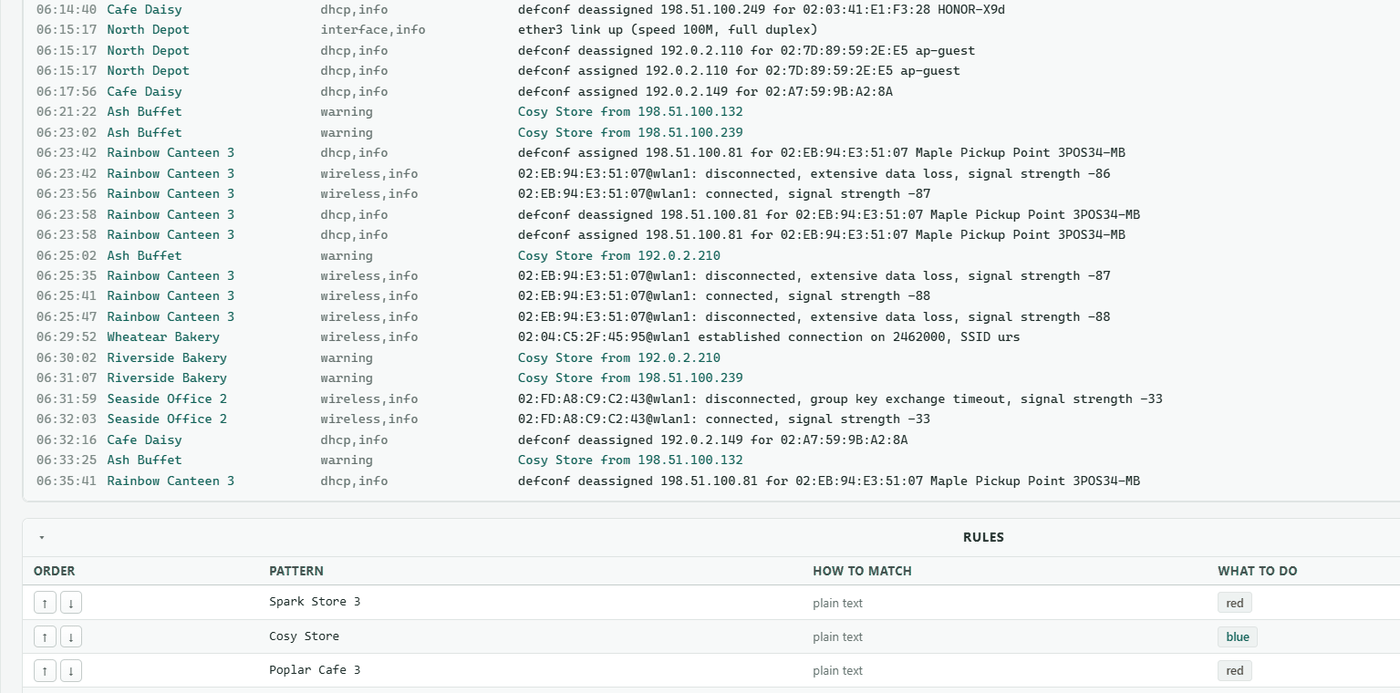 Device logs: time, site, message topic and text, with highlighting rules